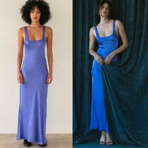 Trois The Label Satin Daphne Dress in Peri 90s Silhouette Maxi Purple Blue